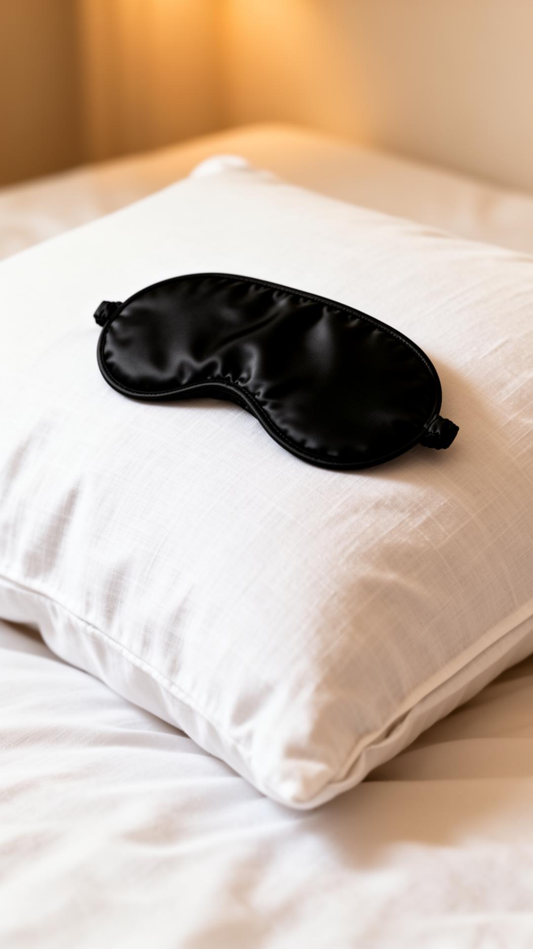 Silk sleep mask resting on a white linen pillow