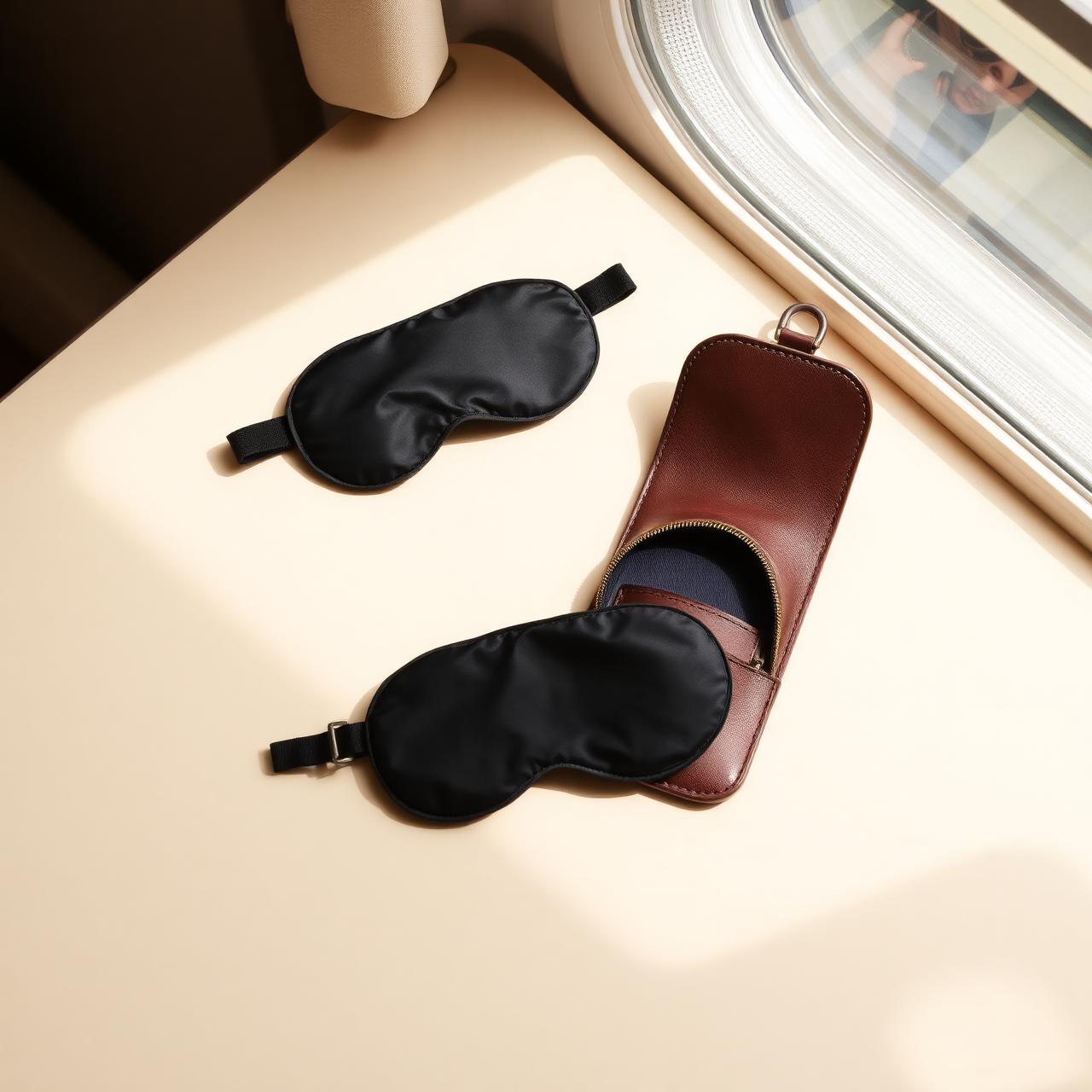 Silk sleep mask with travel pouch on a window sill